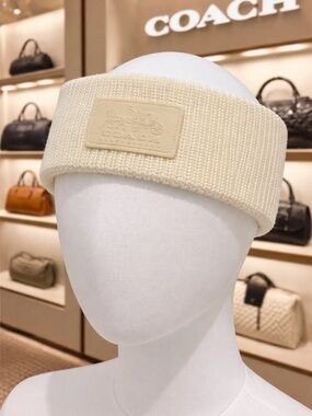Coach Cream Knit Headband with Embossed Logo Patch